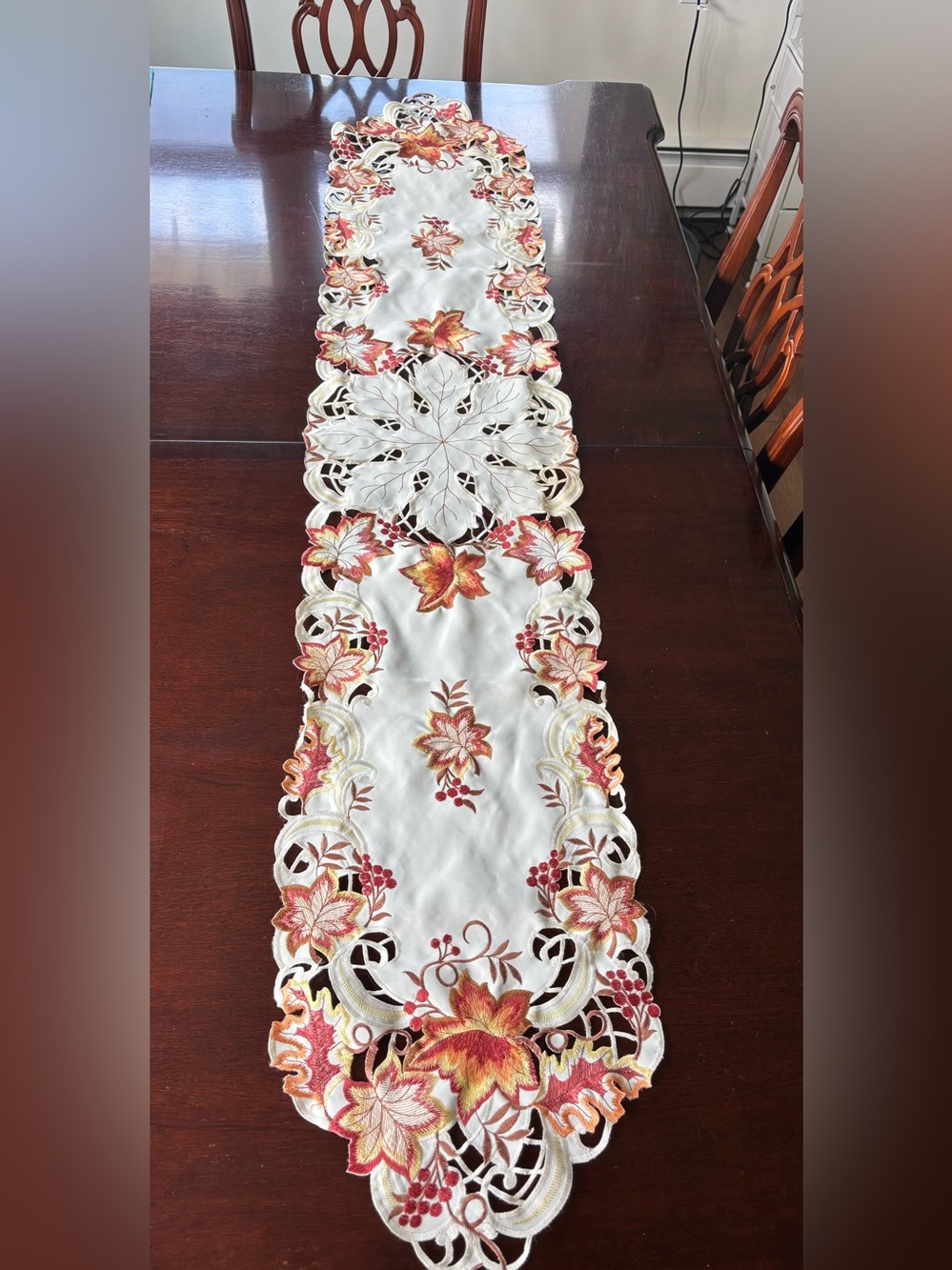 Embroidered White Table Runner with Autumn Floral Accents
